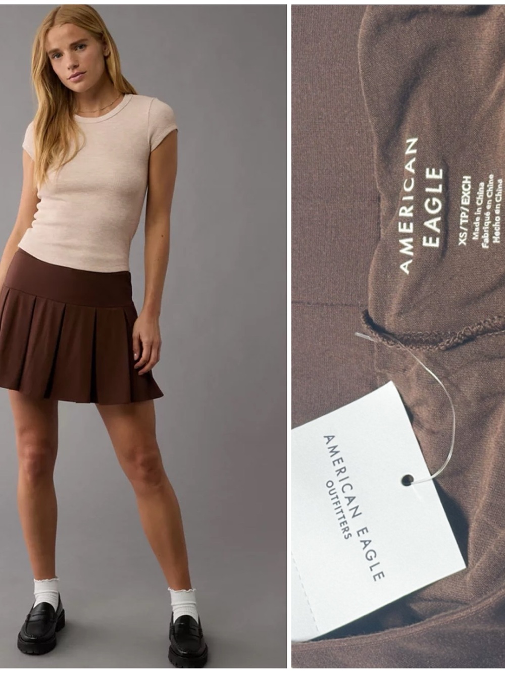 NWT American Eagle AE Pleated It Knit Skort Chocolate Brown Mini Skirt